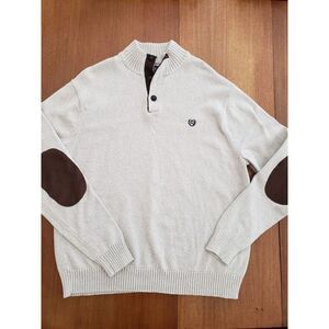 Chaps Quarter Three Button Sweater‎ Xl Oatmeal Suede Elbow Patches Pullover